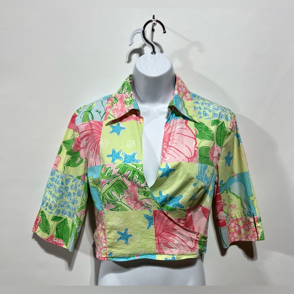 Lilly Pulitzer Patchwork Floral Seashell Wrap‎ Top Size Small